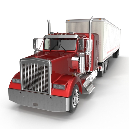 Red truck with a trailer on white 3D Illustrationの写真素材