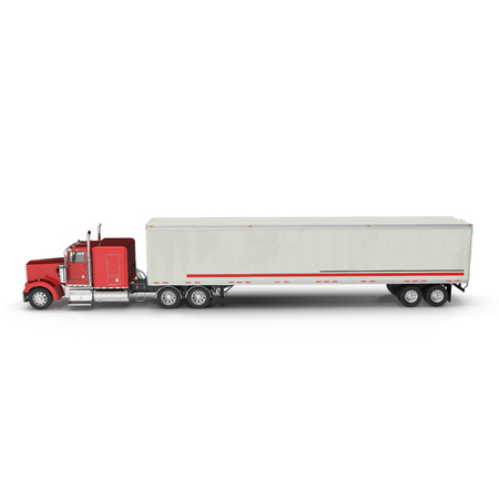 Red truck with a trailer on white 3D Illustrationの写真素材