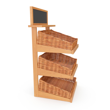Rattan Bakery Display Shelves on white. 3D illustrationの写真素材