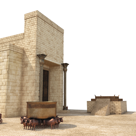 King Solomons temple with large basin call Brazen Sea and bronze altar on white. 3D illustrationの写真素材
