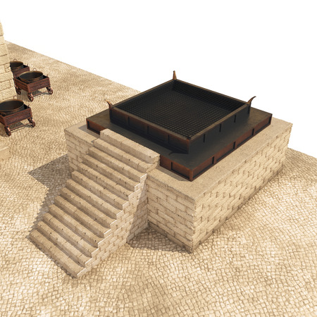 King Solomons temple with bronze pillars named Boaz and Jachin on white. 3D illustrationの写真素材