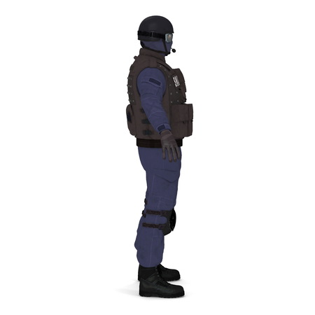 police special forces officer in black uniform isolated on white. 3D illustrationの写真素材