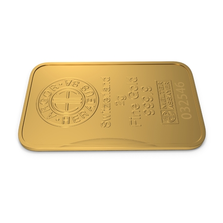 gold bar 2g isolated on white. 3D illustrationのeditorial素材