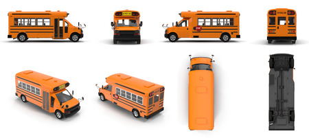 Yellow small school bus renders set from different angles on a white. 3D illustrationの写真素材