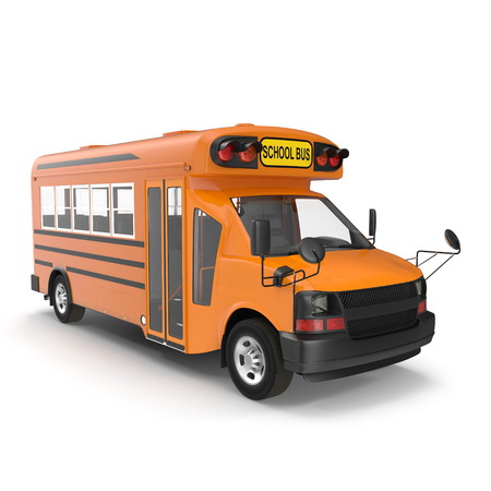 Traditional yellow small schoolbus isolated on white. 3D illustrationの写真素材