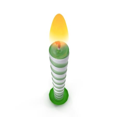 Birthday Candle Green with Flame on white. 3D illustrationの写真素材