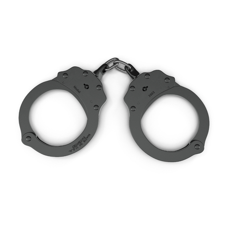 Handcuffs Short Chain Black Metal on white background. 3D illustrationの写真素材