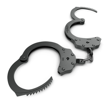 Handcuffs Short Chain Black Metal on white background. 3D illustrationの写真素材