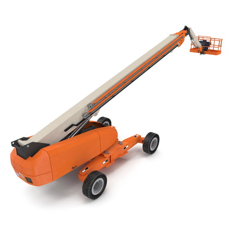 Orange self propelled articulated wheeled lift with telescoping boom and basket. 3D illustration isolated on white backgroundの写真素材