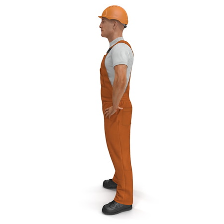 Worker In Orange Overalls With Hardhat Standing Pose. 3D Illustration, isolated, on white backgroundの写真素材
