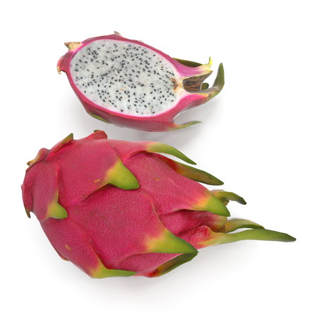 Whole and a Half Red Dragon Fruits Isolated on White Background 3D Illustrationの写真素材