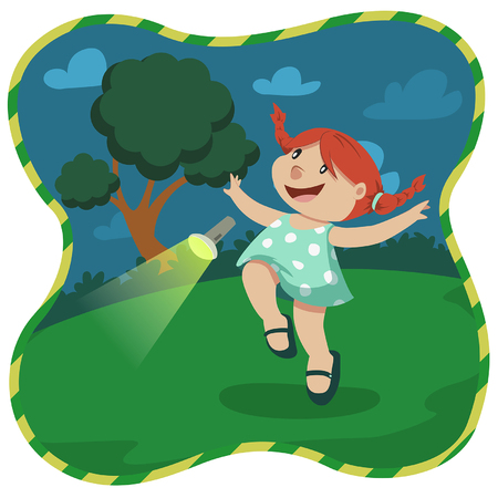 Illustration Girl playing Flashlight at nightのイラスト素材