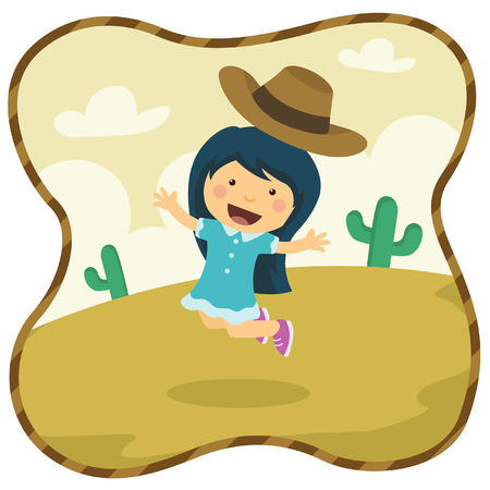 Illustration Cute Cowboy Girl Playing at Desertのイラスト素材