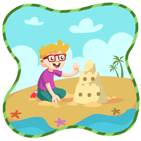 Illustration Boys Playing Sand Castel at Beachのイラスト素材