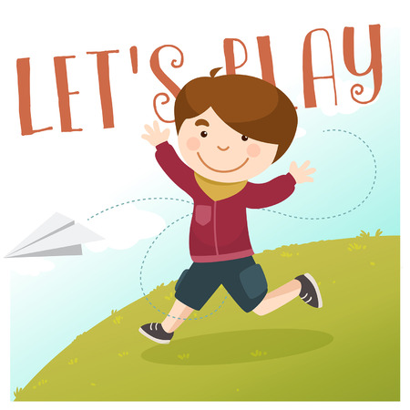 Vector Cartoon Boy Playing Paper Plane at Playgroundのイラスト素材
