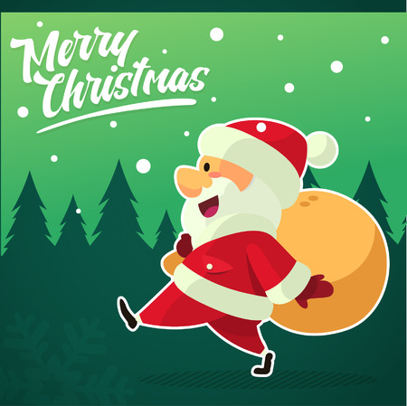 Vector - Illustration Walking Santa Clause with Christmas Bag and Green Backgroundのイラスト素材