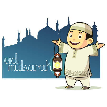 Vector Character - Boy Muslim with Lantern During Eid Mubarok ( background blue silhouette mosque )のイラスト素材