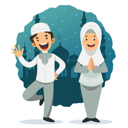 Character - Happy Muslim kid cartoon ( blue mosque background )のイラスト素材