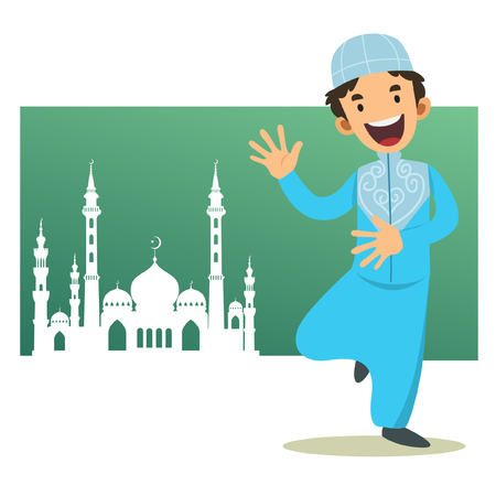 Character - Happy Muslim kid cartoon ( yellow silhouette mosque background )のイラスト素材