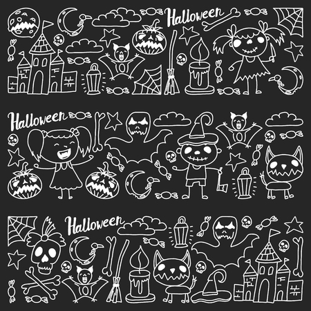 Halloween themed doodle set. Traditional and popular symbols - carved pumpkin, party costumes, witches, ghosts, monsters, vampires, skeletons, skulls, candles bats Isolated over white backgroundのイラスト素材