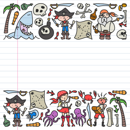 Vector set of pirates children's drawings icons in doodle style. Painted, colorful, pictures on a piece of linear paper on white backgroundのイラスト素材