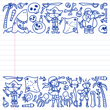 Vector set of pirates children's drawings icons in doodle style. Painted, colorful, pictures on a piece of linear paper on white backgroundのイラスト素材