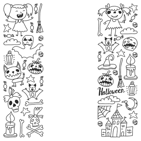 Halloween themed doodle set. Traditional and popular symbols - carved pumpkin, party costumes, witches, ghosts, monsters, vampires, skeletons, skulls, candles bats Isolated over white backgroundのイラスト素材