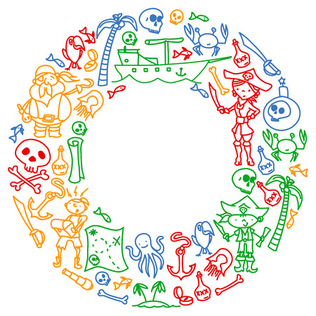 Vector set of pirates children's drawings icons in doodle style. Painted, colorful, pictures on a piece of paper on white backgroundのイラスト素材