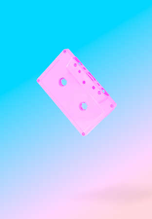 Flying compact retro cassette on pink and blue background.  Minimal vaporwaveconcept.
