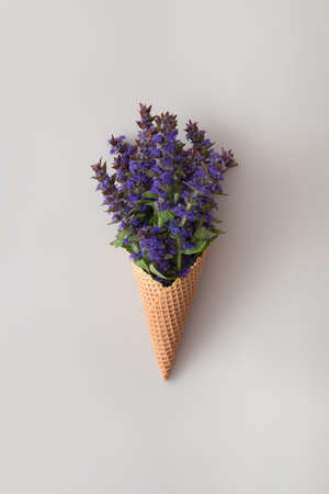 Ice cream cone with  blue bugle weed flowers on gray background. Minimal summer creative concept. Flat lay.の写真素材