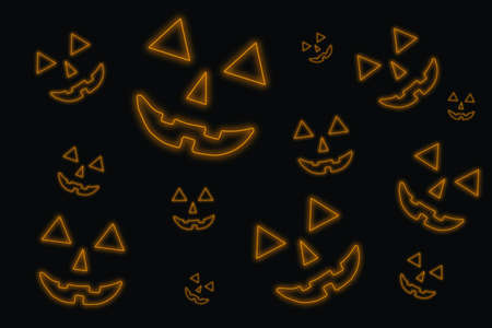 Pumpkin neon light pattern on dark background. Creative Halloween minimal layout.の写真素材