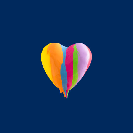 Melting colorful heart on dark blue colour background. Creative Love or valentine concept with vivid paint. Minimal retro future idea. 3d render.の写真素材