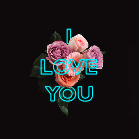 Neon design trend combination of flowers and text. Typography bold layouts compositions by intertwining the flower stems, petals and leaves around the letters. Minimal Valentine's Day.の写真素材