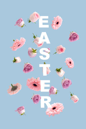 Creative layout made of scattered various pastel flowers and leaves with word Easter. Nature typography concept on blue bright background. Minimal letter spring idea.の写真素材