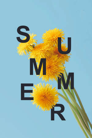 Minimal creative layout with summer text in yellow flowers. Spring floral scene with bright colors. Typography sunny composition with dandelion.の写真素材