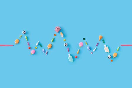 Creative pulse line composition made with various summer objects on pastel blue background.  Trendy...