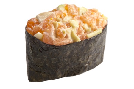 traditional Asian sushi rolls sashimi close-up shot in the studio on a white backgroundの写真素材
