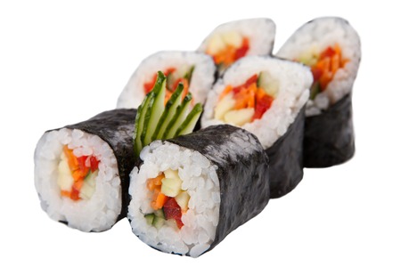 traditional Asian sushi rolls sashimi close-up shot in the studio on a white backgroundの写真素材