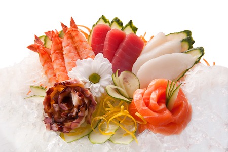 traditional Asian sushi rolls sashimi close-up shot in the studio on a white backgroundの写真素材