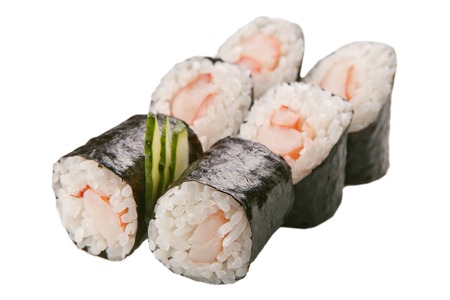 traditional Asian sushi rolls sashimi close-up shot in the studio on a white backgroundの写真素材