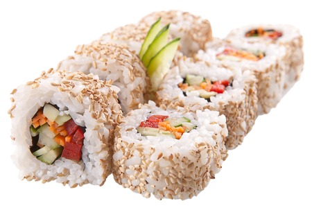 traditional Asian sushi rolls sashimi close-up shot in the studio on a white backgroundの写真素材