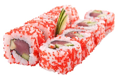 traditional Asian sushi rolls sashimi close-up shot in the studio on a white backgroundの写真素材