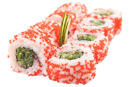 traditional Asian sushi rolls sashimi close-up shot in the studio on a white backgroundの写真素材