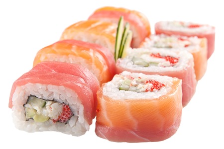 traditional Asian sushi rolls sashimi close-up shot in the studio on a white backgroundの写真素材