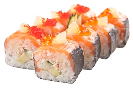 traditional Asian sushi rolls sashimi close-up shot in the studio on a white backgroundの写真素材