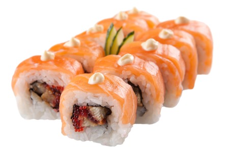 traditional Asian sushi rolls sashimi close-up shot in the studio on a white backgroundの写真素材