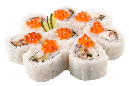 traditional Asian sushi rolls sashimi close-up shot in the studio on a white backgroundの写真素材