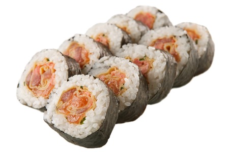traditional Asian sushi rolls sashimi close-up shot in the studio on a white backgroundの写真素材