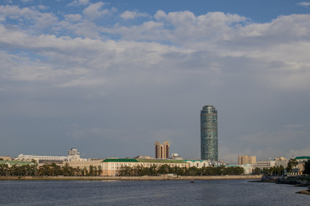 Yekaterinburg. Summer city landscape. View of the Iset River and the Vysotsky Tower.のeditorial素材