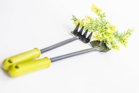 Small black shovel and rake, yellow-green twigs on a white background.の写真素材